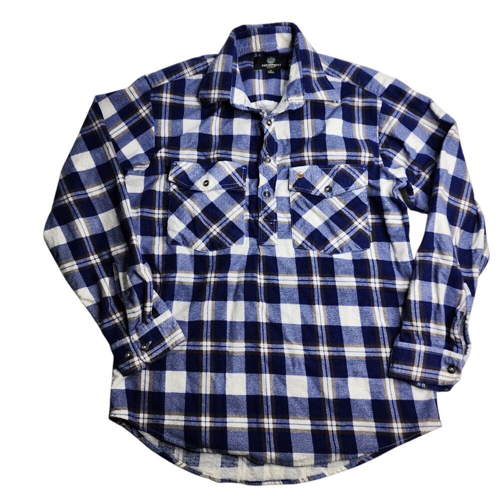 Swanndri Henley Flannel Button Shirt Cotton Blue Plaid Size Medium - Picture 2 of 10